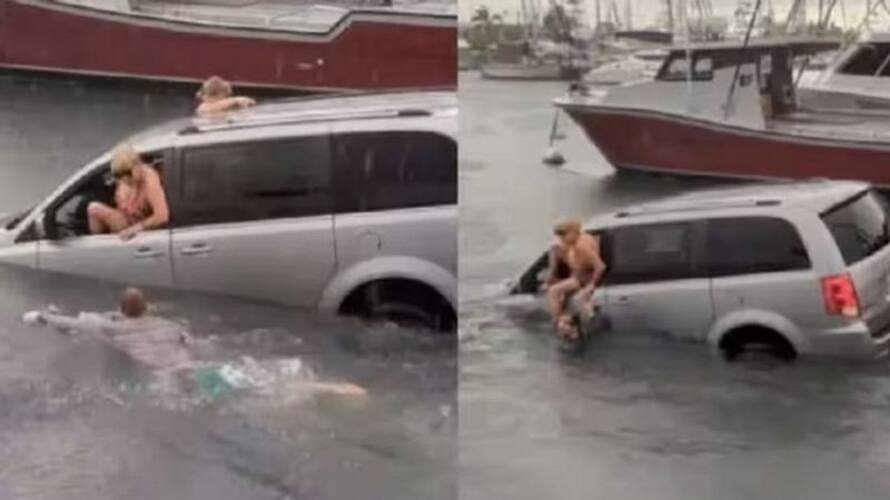 Drunk women who drives a car while looking at GPS and drives it into the sea: Video goes viral Drunk women who drives a car while looking at GPS and drives it into the sea: Video goes viral