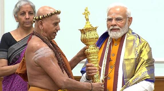 WATCH Sengol handed over to PM Modi ahead of the new Parliament building inauguration snt WATCH Sengol handed over to PM Modi ahead of the new Parliament building inauguration snt