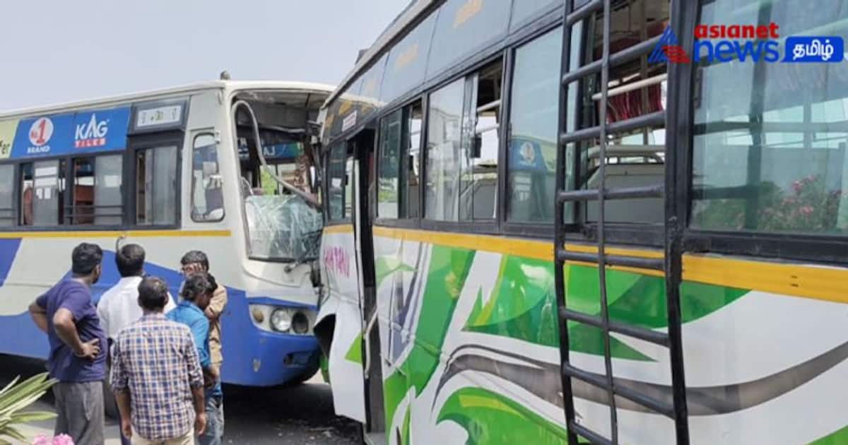 நெய்வேலியில்  அரசுப் பேருந்து - தனியார் பேருந்து நேருக்குநேர் மோதல்! - சல்லி சல்லியாக நொறுங்கிய பேருந்து