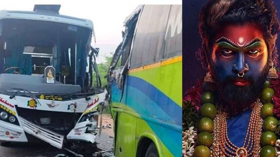 Bus carrying Allu Arjun starrer Pushpa 2 artistes meets with accident sgk Bus carrying Allu Arjun starrer Pushpa 2 artistes meets with accident sgk