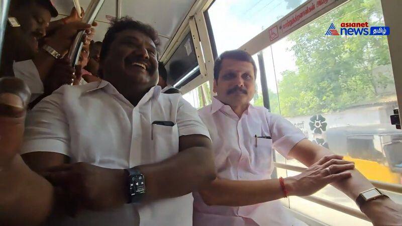 minister ss sivasankar and senthil balaji make a travel in government town bus in coimbatore