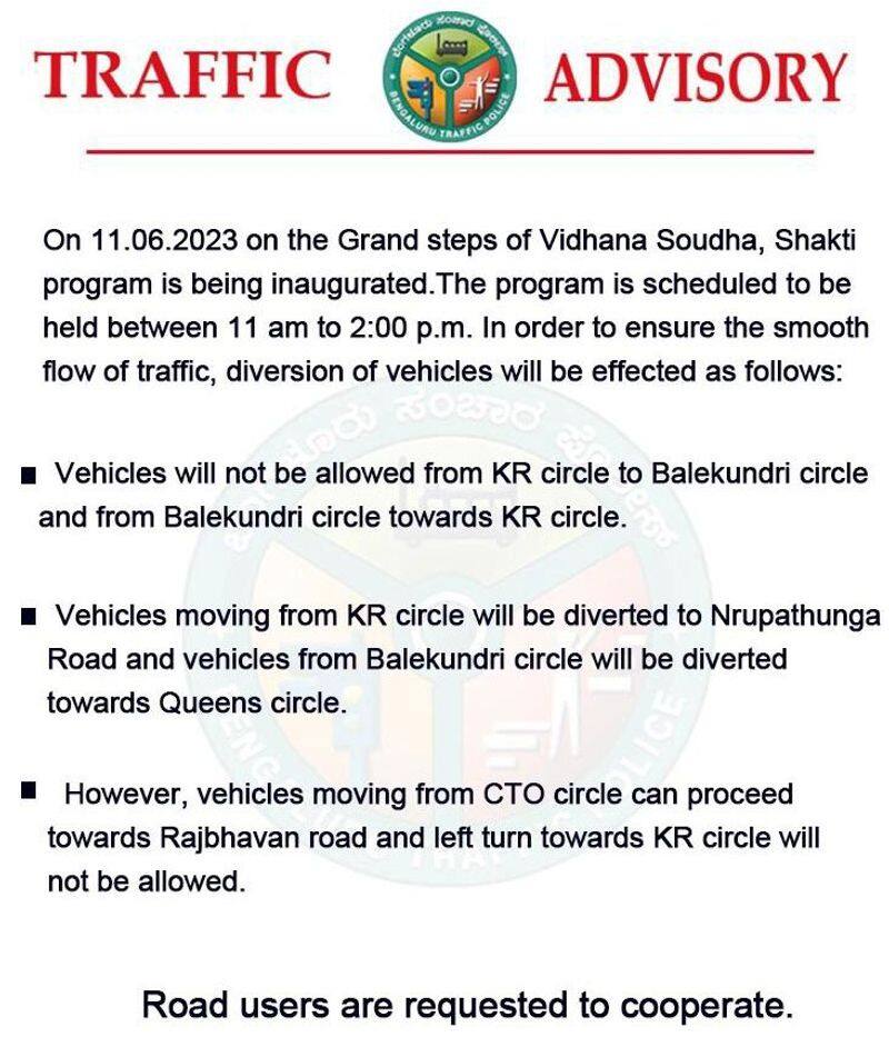 Traffic Advisory for Bengaluru ahead of Shakti Scheme rollout at Vidhana Soudha 