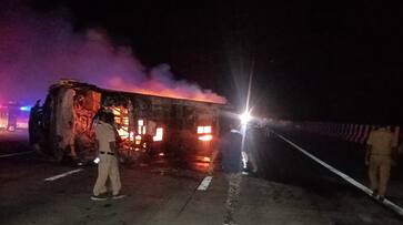 bus hit lorry burnt in flames, 12 injured in tamilnadu - bsb bus hit lorry burnt in flames, 12 injured in tamilnadu - bsb