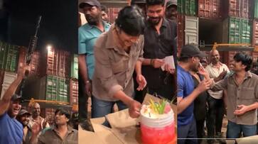 Dummy gun firing in SJ Suryah birthday celebration at mark antony movie set Dummy gun firing in SJ Suryah birthday celebration at mark antony movie set