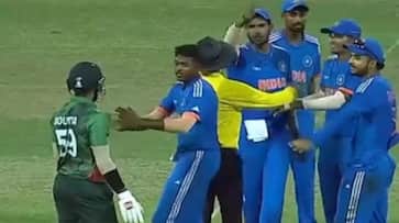 Harshit Rana angry with Soumya Sarkar in INDA vs BANA Semi Final 2 at Colombo Harshit Rana angry with Soumya Sarkar in INDA vs BANA Semi Final 2 at Colombo