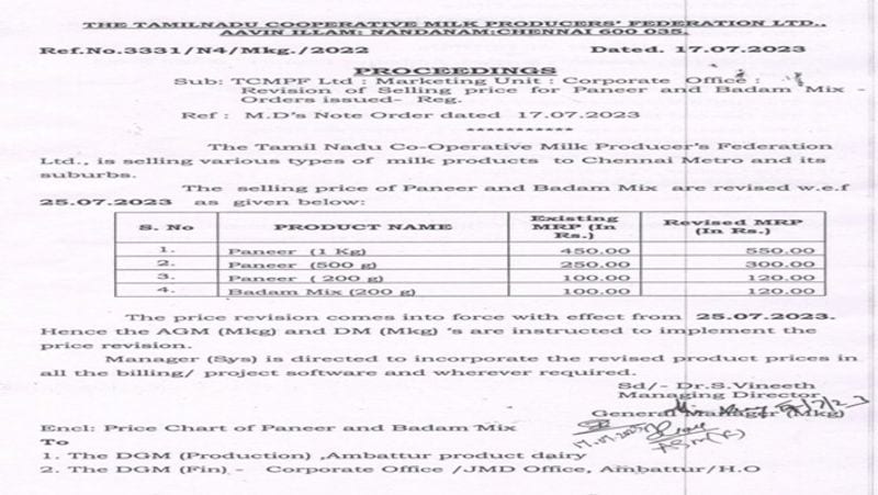 Aavin panneer badam mix rate increased