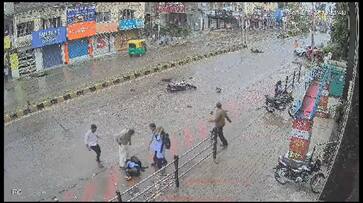 Caught on CCTV Man thrown in air as speeding car rams into bike, school students KRJ Caught on CCTV Man thrown in air as speeding car rams into bike, school students KRJ