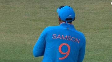 Suryakumar Yadav Wearing Sanju Samsons Jersey During WI vs IND 1st ODI Match at Kensington Oval, Bridgetown, Barbados Suryakumar Yadav Wearing Sanju Samsons Jersey During WI vs IND 1st ODI Match at Kensington Oval, Bridgetown, Barbados
