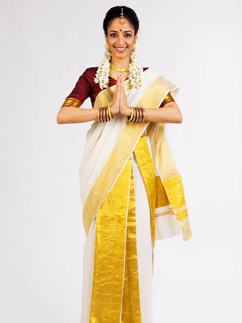 Kerala Traditional Cotton set Saree with Blue and Gold Vertical lines