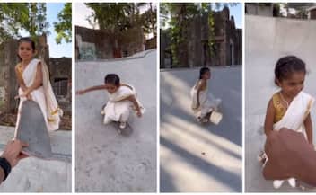 video of a five-year-old girl skating in a Kasavu saree has gone viral bkg 