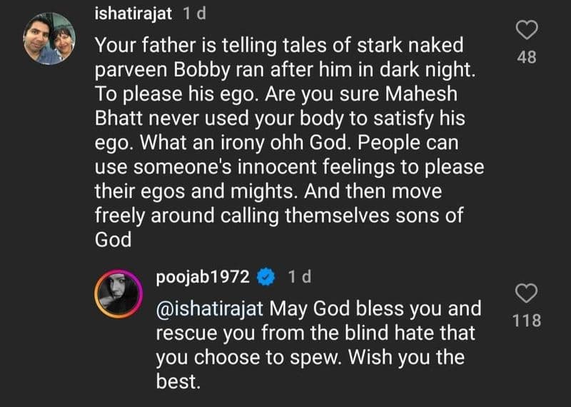 Pooja Bhatt slams user for making derogatory comments on Mahesh Bhatt, Parveen Babi ADC