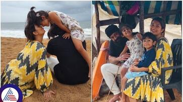 KGF Hero Rocking star Yash couple enjoying with children at the beach sat KGF Hero Rocking star Yash couple enjoying with children at the beach sat