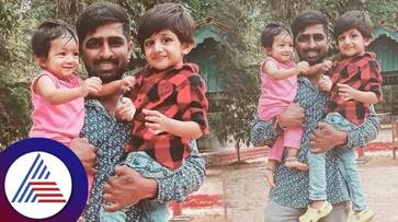 Megahana Raj son Raayan with Dhruva Sarja daughter photo goes viral vcs Megahana Raj son Raayan with Dhruva Sarja daughter photo goes viral vcs