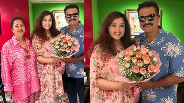 Actress Meena 47th birthday celebration veteran actress radhika and actor sarathkumar wished her in person ans Actress Meena 47th birthday celebration veteran actress radhika and actor sarathkumar wished her in person ans