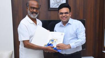 BCCI Secretary Jay Shah presented the ICC Mens Cricket World Cup 2023 golden ticket to Rajinikanth rsk BCCI Secretary Jay Shah presented the ICC Mens Cricket World Cup 2023 golden ticket to Rajinikanth rsk