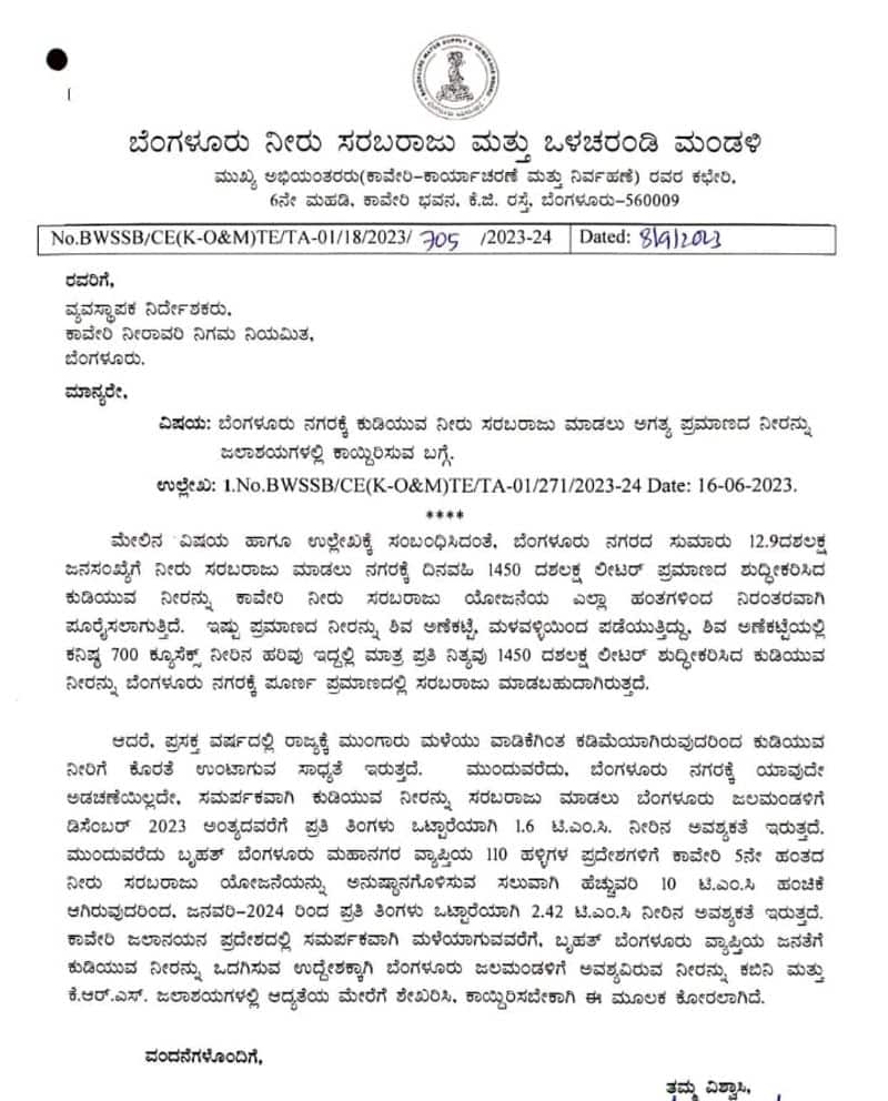 Store Cauvery water for Bengaluru people to drink BWSSB appeals to Kaveri Irrigation Corporation sat