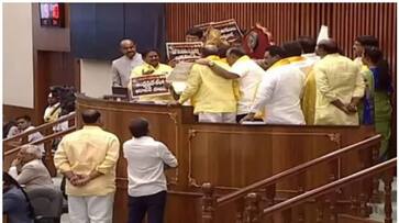 TDP party protests in Andhra Assembly over chandrababu naidus arrest nbu TDP party protests in Andhra Assembly over chandrababu naidus arrest nbu