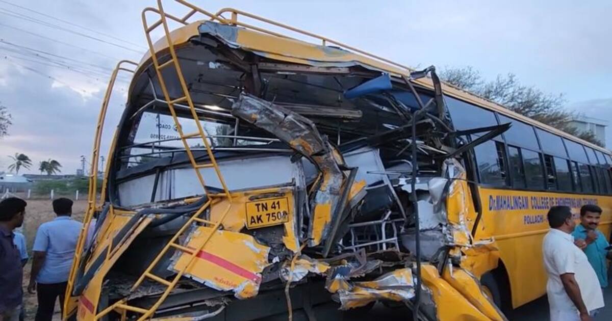 திருப்பூரில் கல்லூரி பேருந்தில் லாரி மோதி 5 மாணவர்கள் உள்பட 6 பேர் படுகாயம்