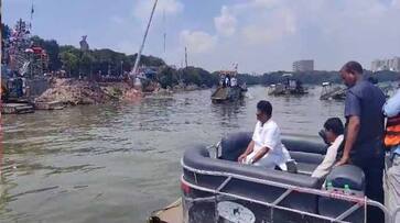 Minister Talasani Srinivas Yadav inspects Ganesh idol immersion at hussain sagar in Hyderabad lns Minister Talasani Srinivas Yadav inspects Ganesh idol immersion at hussain sagar in Hyderabad lns