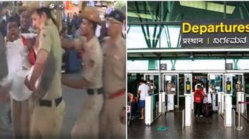 Kannada organizations protested at Kemba Gowda Airport in Karnataka KAK Kannada organizations protested at Kemba Gowda Airport in Karnataka KAK