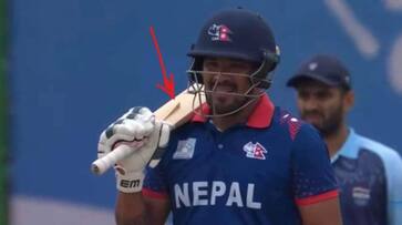 Karan KC was batting using bat with broken splice during India vs Nepal Quarter Final 1 in Asian Games at Hangzhou rsk Karan KC was batting using bat with broken splice during India vs Nepal Quarter Final 1 in Asian Games at Hangzhou rsk