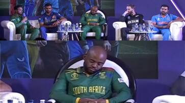South Africa Captain Temba Bavuma Sleeping During Captains Meet Event at Ahmedabad rsk South Africa Captain Temba Bavuma Sleeping During Captains Meet Event at Ahmedabad rsk