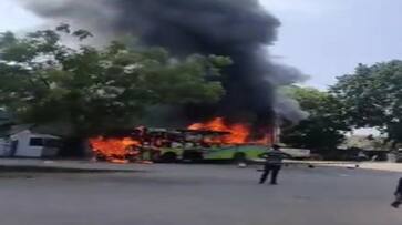 TSRTC Bus catches fire at korutla Bus depot ksm TSRTC Bus catches fire at korutla Bus depot ksm