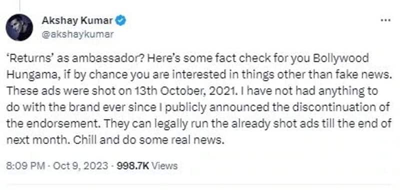 Akshay Kumar reacts on 'Fake news' that he is back as pan masala ambassador RBA