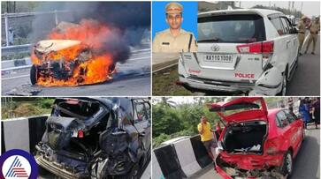 Bangalore Mysore expressway car burnt in accident Mandya SP Yatish escapes by hair breadth sat Bangalore Mysore expressway car burnt in accident Mandya SP Yatish escapes by hair breadth sat