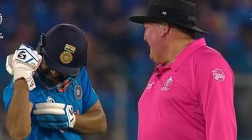 Rohit Sharma showed his biceps to the umpire after hitting a six during IND vs PAK 12th Match at Ahmedabad Rohit Sharma showed his biceps to the umpire after hitting a six during IND vs PAK 12th Match at Ahmedabad
