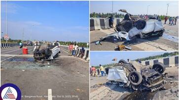 Horrible accident on Hoskote Doddaballapur road Car hit the divider and overturned sat Horrible accident on Hoskote Doddaballapur road Car hit the divider and overturned sat