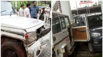 A police jeep rammed into a petrol pump in Kannur sts A police jeep rammed into a petrol pump in Kannur sts