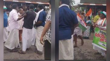 Congress workers fought aganist each other during UDF padayatra in Kollam Karunagappally Congress workers fought aganist each other during UDF padayatra in Kollam Karunagappally