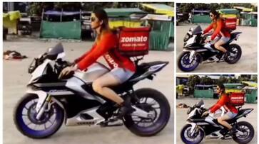 video of women delivering Zomato without a helmet on a super bike went viral bkg video of women delivering Zomato without a helmet on a super bike went viral bkg