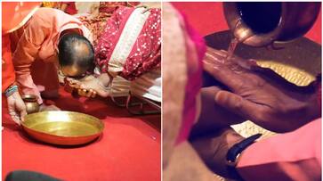 Shivraj Chouhan washes girls feet kanya puja in house btb Shivraj Chouhan washes girls feet kanya puja in house btb