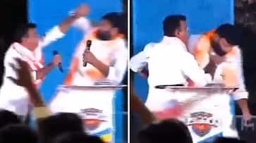 Telangana Election 2023: BRS MLA grabs BJP candidate by throat during live TV debate WATCH AJR Telangana Election 2023: BRS MLA grabs BJP candidate by throat during live TV debate WATCH AJR