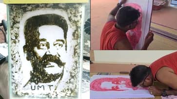 Kamalhaasan fan from coimbatore draw Indian 2 actor face by kisses using lipstick gan Kamalhaasan fan from coimbatore draw Indian 2 actor face by kisses using lipstick gan