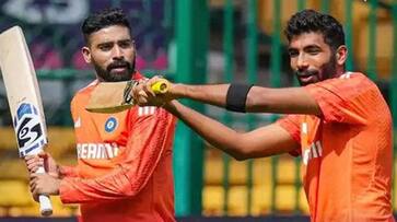 Mohammed Siraj and Jasprit Bumrah doing batting practice ahead of IND vs NED 45th Match of World Cup 2023 rsk Mohammed Siraj and Jasprit Bumrah doing batting practice ahead of IND vs NED 45th Match of World Cup 2023 rsk