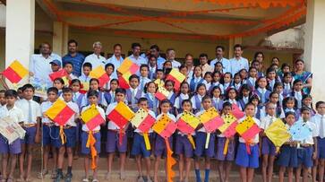 Kannada flag kite flying by Gadag government school students gvd Kannada flag kite flying by Gadag government school students gvd