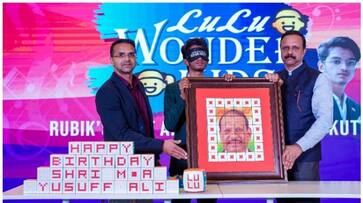 Affan kutty creates a birthday gift to MA Yusuff Ali within minutes arranging Rubiks Cube as his photo afe Affan kutty creates a birthday gift to MA Yusuff Ali within minutes arranging Rubiks Cube as his photo afe
