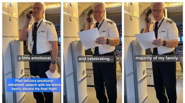 After 32 years of service the passengers were teary-eyed after hearing the pilot's farewell speech bkg After 32 years of service the passengers were teary-eyed after hearing the pilot's farewell speech bkg