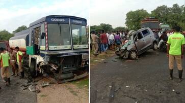 Five people died after the car in which they were travelling collided head on with a truck in tirupur district vel Five people died after the car in which they were travelling collided head on with a truck in tirupur district vel