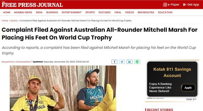 No FIR against Australian Cricketer Mitchell Marsh for feet propped up on the ODI World Cup Trophy jje