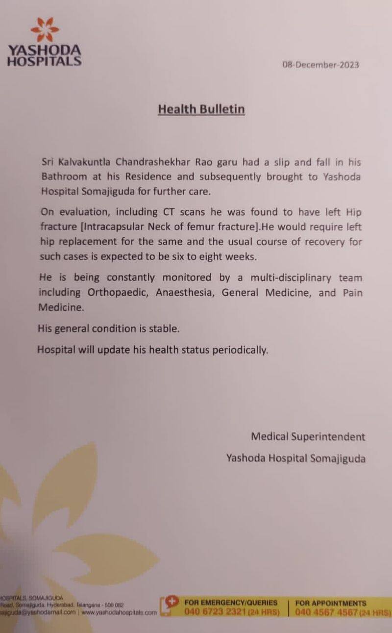 Yashoda Hospital Releases Telangana Former chief Minister  Kalvakuntla Chandrashekar Rao Health bulletin lns