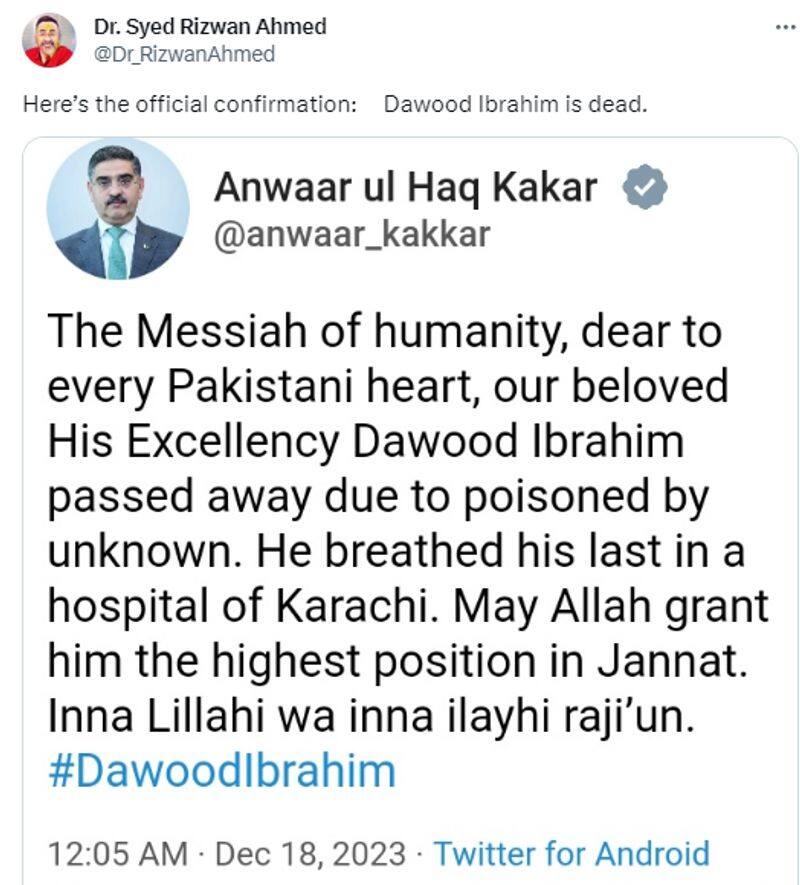 Fake tweet circulating as Pakistan caretaker pm Anwar ul Haq Kakar confirmed Dawood Ibrahim is dead jje 