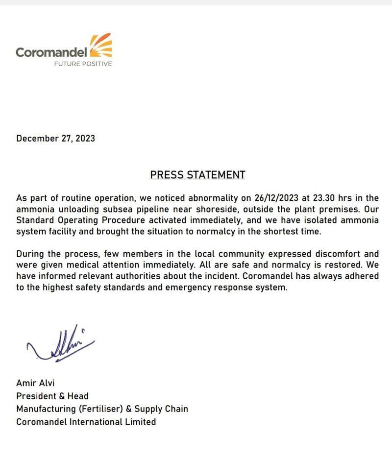 The Coromandel Company reported that the gas leak in Ennore has been stopped and has returned to normal KAK