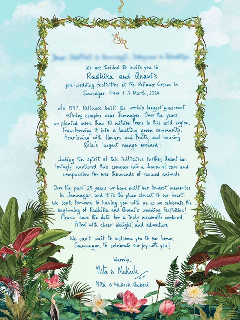 Anant Ambani and Radhika Merchant Pre Wedding Invitation Card goes viral written by their parents mukesh ambani nita smp