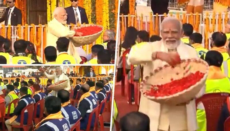 PM Modi honours Ayodhya Ram Mandir's construction workers with flower petals; video wins hearts (WATCH)