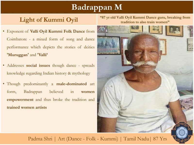 87 yr old Valli Oyil Kummi Dance guru Badrappan to receive Padma Sri Award tomorrow sgb