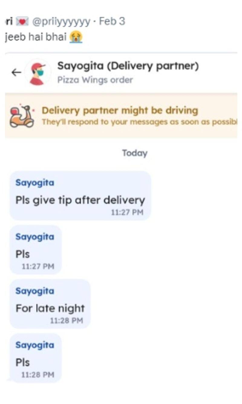 social media criticized woman for sharing the screenshot that a food delivery boy asking tip fo delivery the food on midnight bkg 